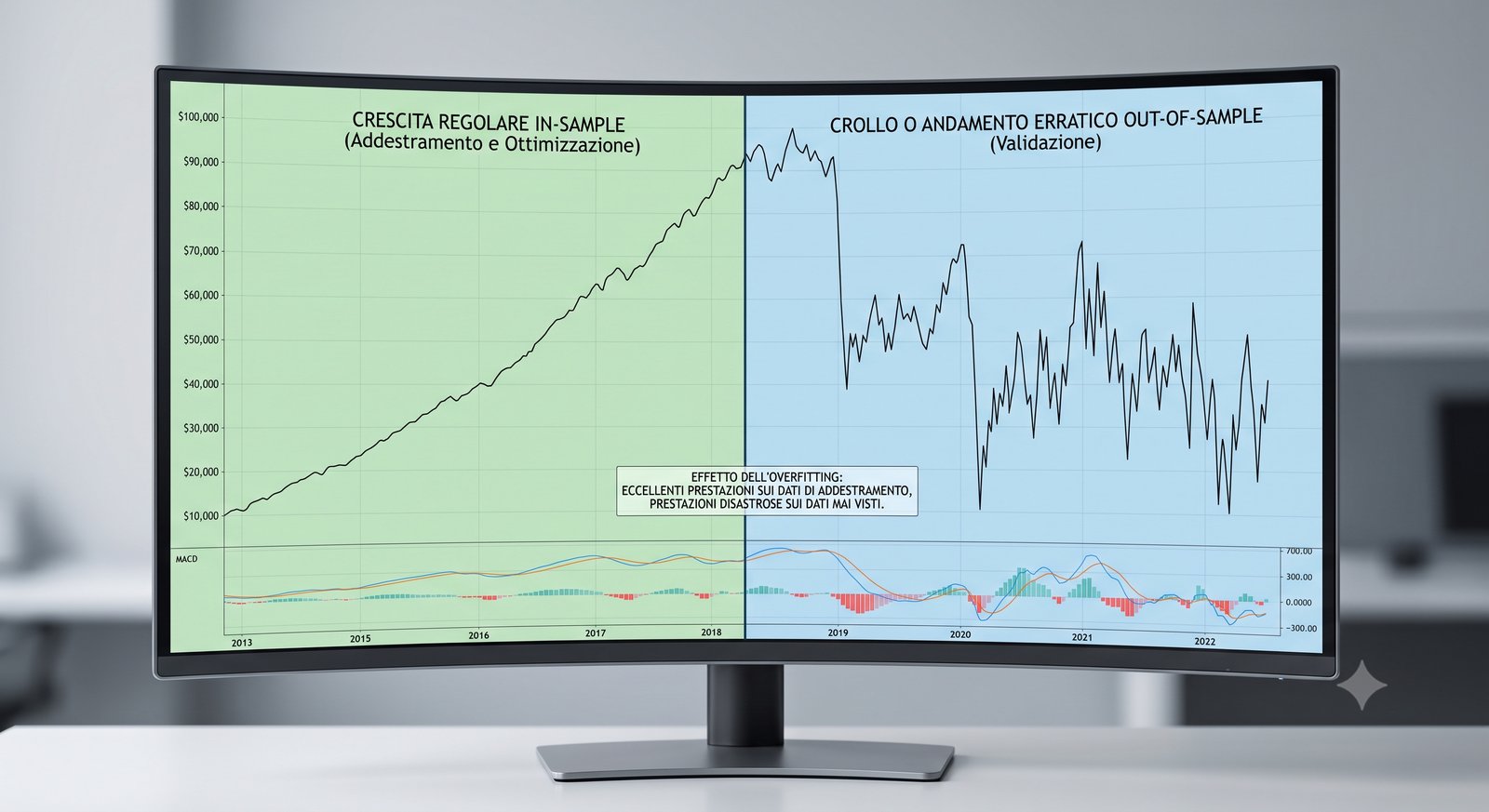 Equity line di un sistema overfittato: crescita regolare nel periodo in-sample, crollo e andamento erratico nel periodo out-of-sample